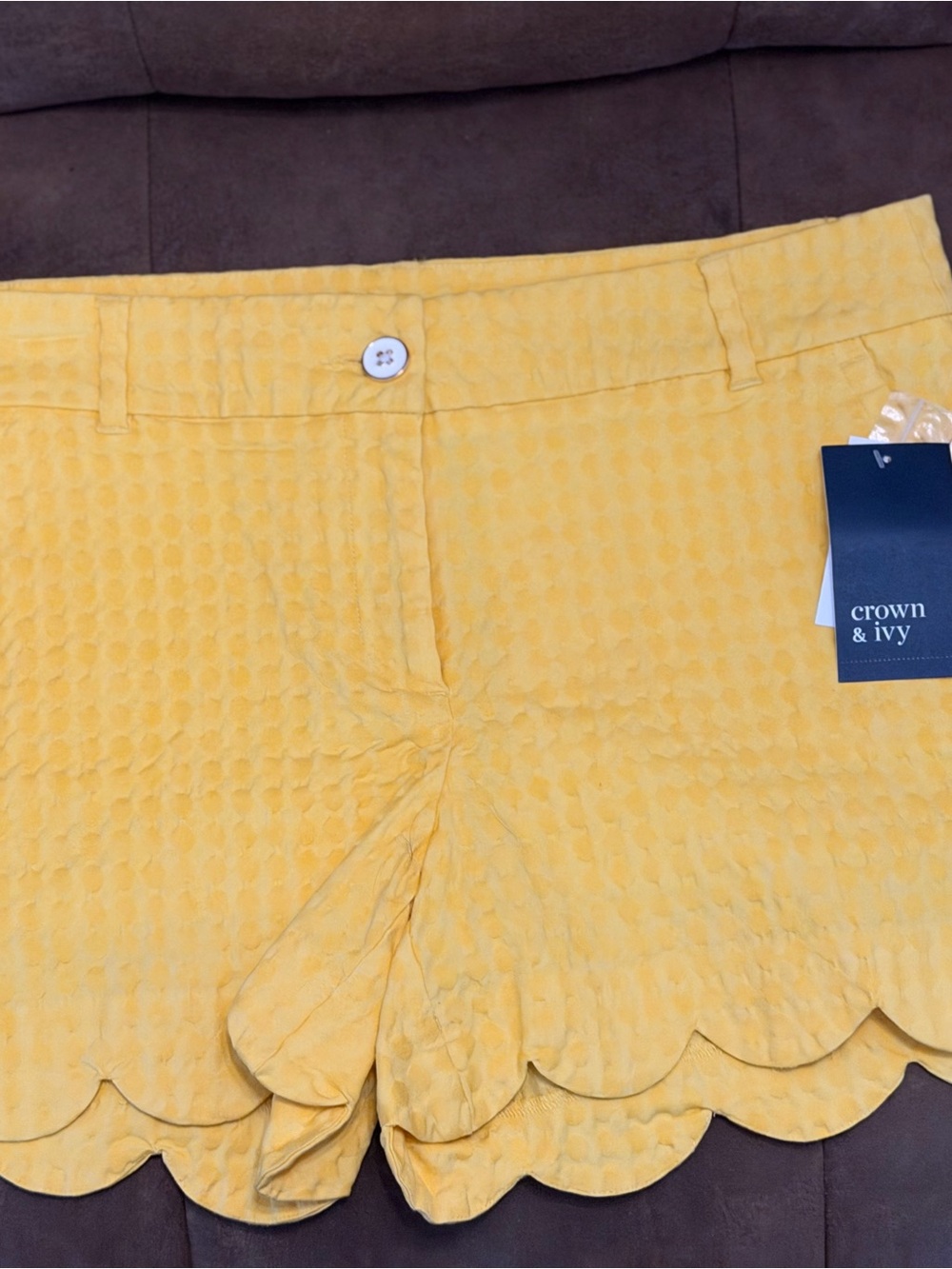 crown & ivy Yellow Scallop-Hem High Waist Shorts